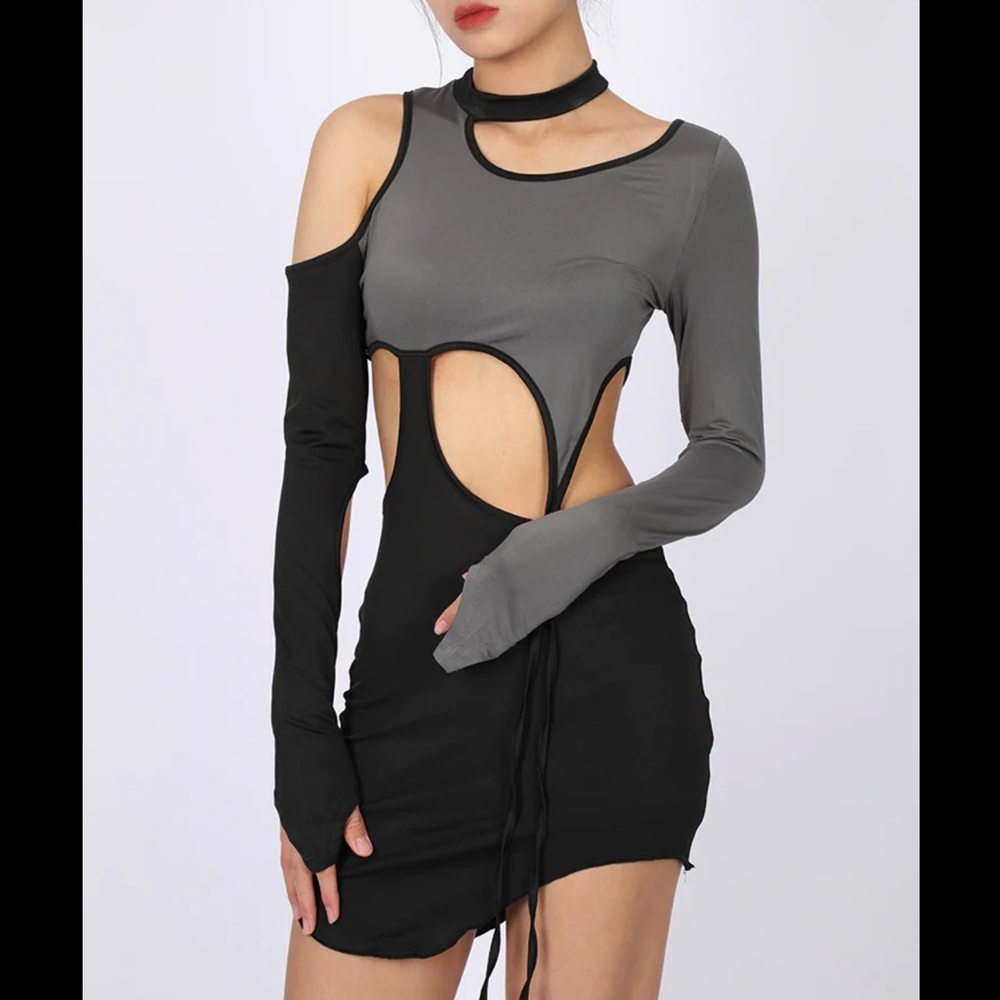 NEW Cape Clique Irregular Hollow Stitching Dress Black & Grey